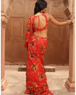Sindoori Pine Print Tiered Ruffle Sari Set