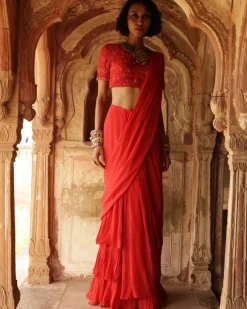 Sindoori Solid Ruffle Sari With Elbow Sleeve Blouse Set
