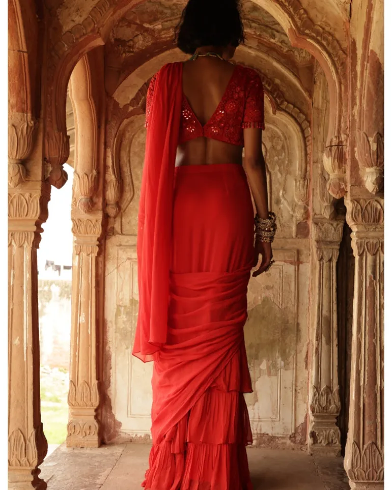 Sindoori Solid Ruffle Sari With Elbow Sleeve Blouse Set
