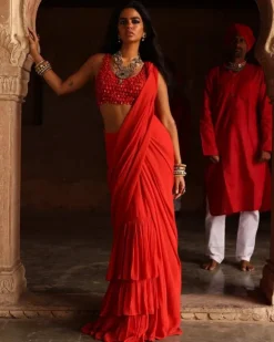 Sindoori Solid Ruffle Sari Set