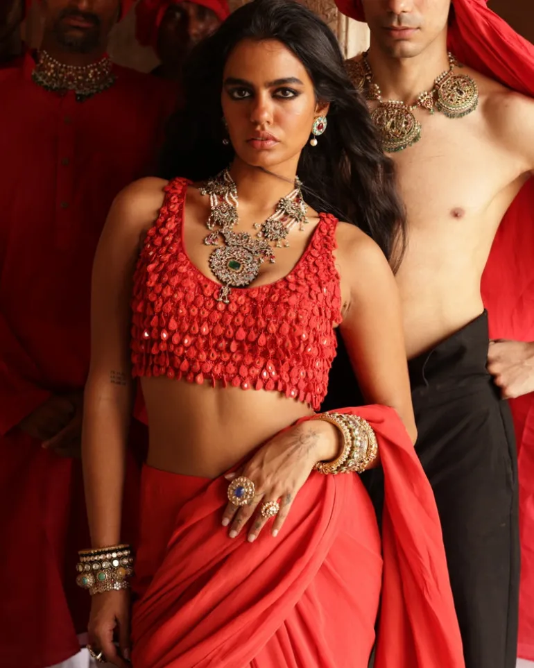 Sindoori Solid Ruffle Sari Set