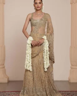 Skin & Beige Gold Hip Hug Sari Set