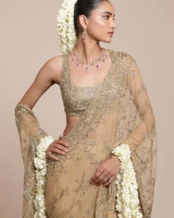Skin & Beige Gold Hip Hug Sari Set
