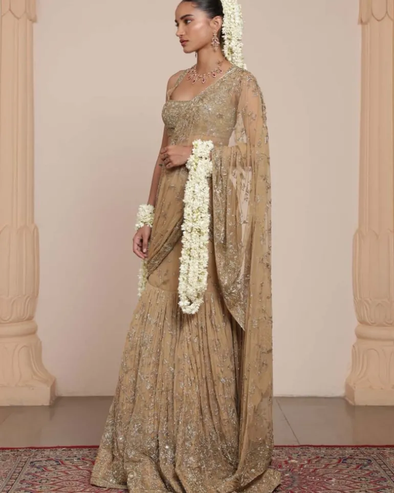 Skin & Beige Gold Hip Hug Sari Set