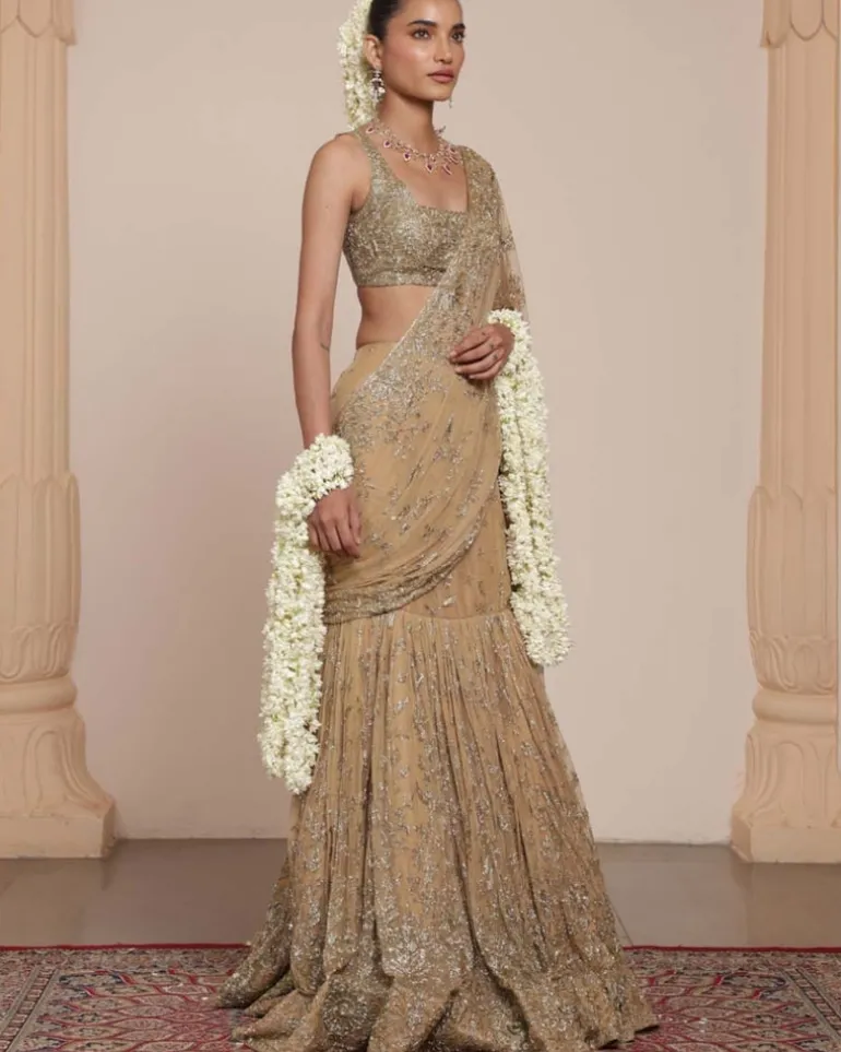 Skin & Beige Gold Hip Hug Sari Set