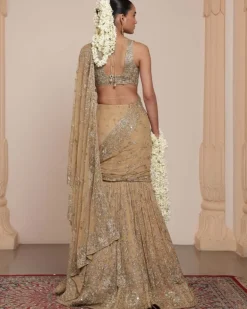 Skin & Beige Gold Hip Hug Sari Set