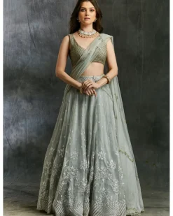 Sky Blue Organza Lehenga With White Thread work