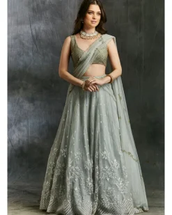 Sky Blue Organza Lehenga With White Thread work