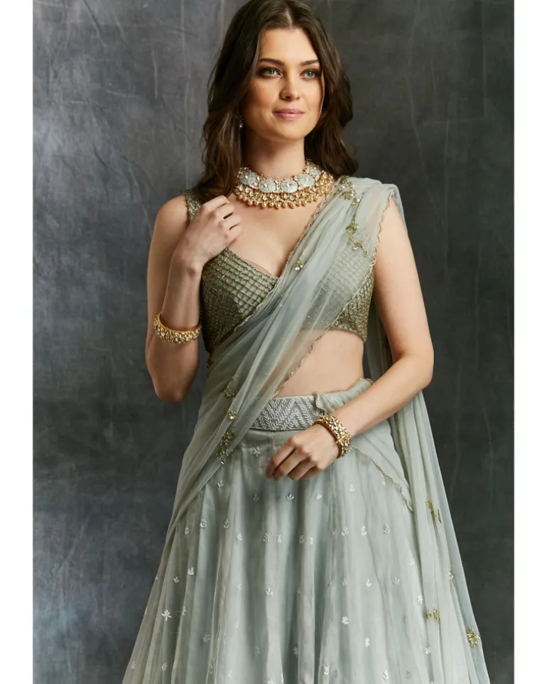 Sky Blue Organza Lehenga With White Thread work