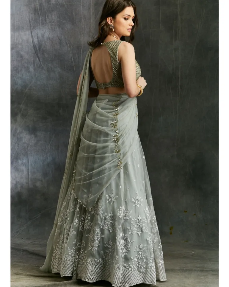 Sky Blue Organza Lehenga With White Thread work