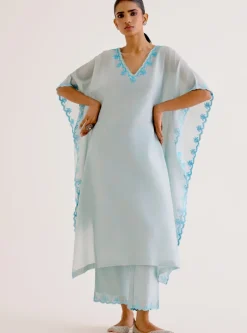 Sky Blue Silk Chanderi Dori Embroidered Kaftan Set