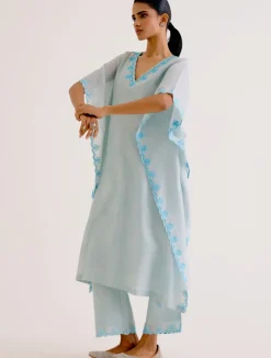 Sky Blue Silk Chanderi Dori Embroidered Kaftan Set