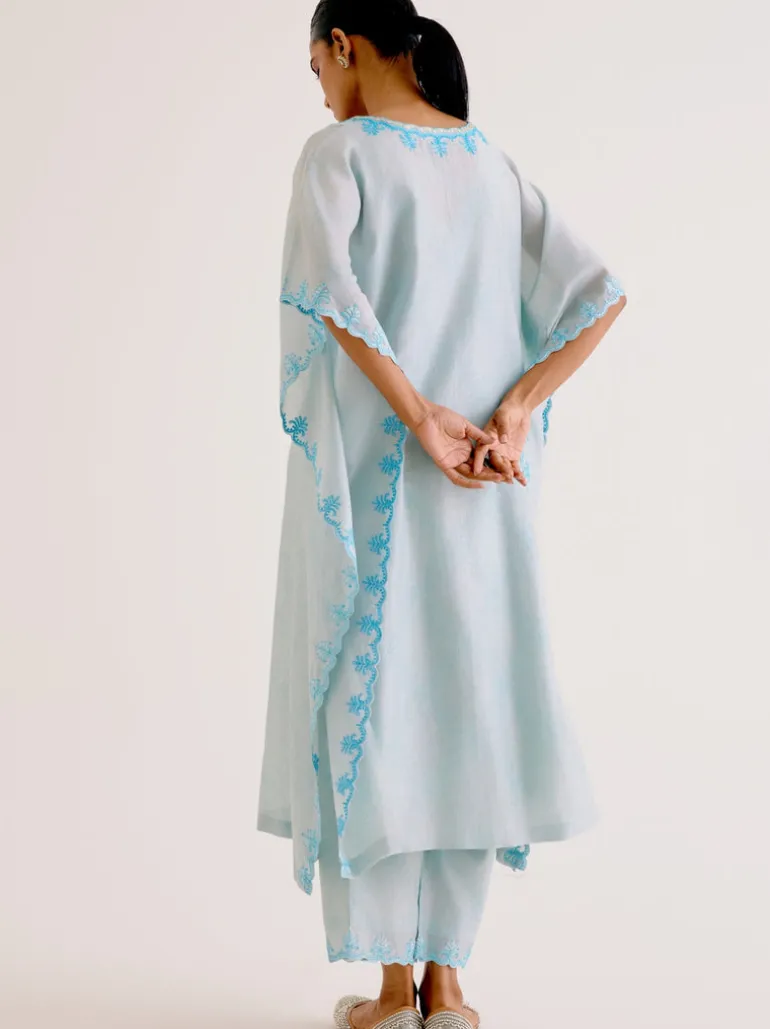 Sky Blue Silk Chanderi Dori Embroidered Kaftan Set