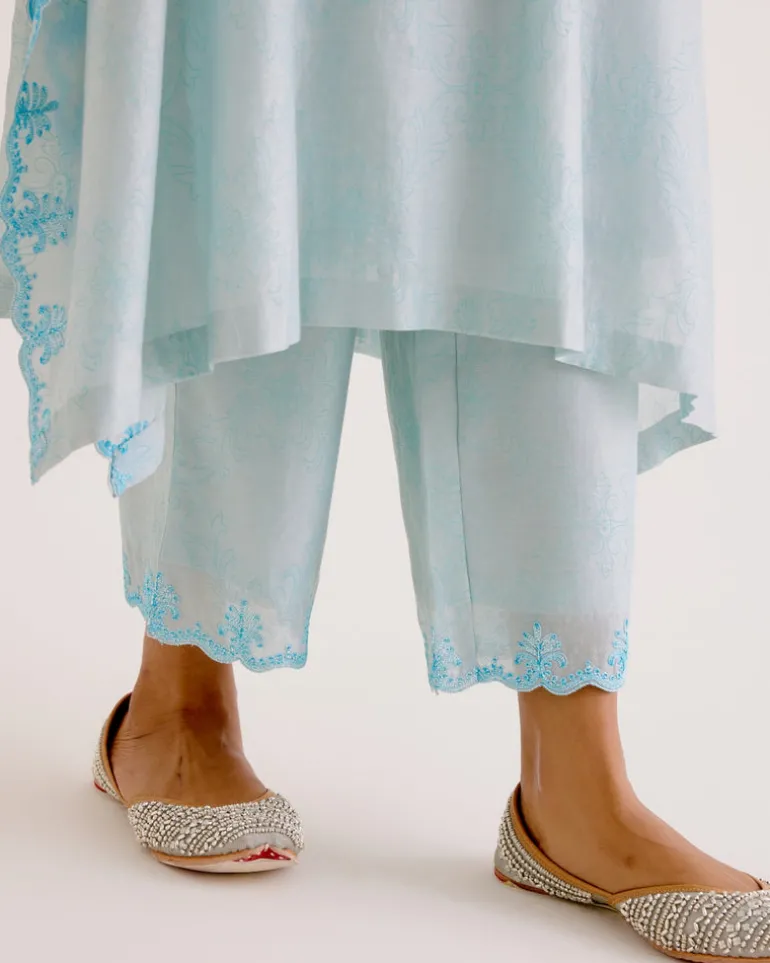 Sky Blue Silk Chanderi Dori Embroidered Kaftan Set
