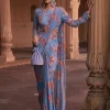 Slate Blue Floral Print and Highlighted Sari Set