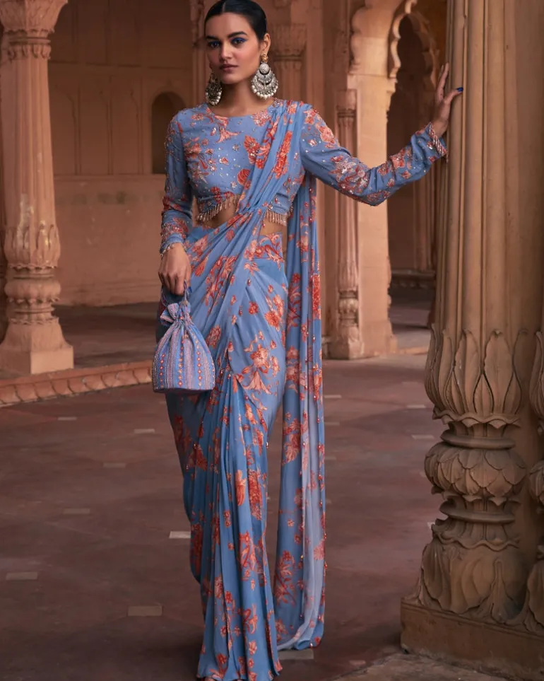 Slate Blue Floral Print and Highlighted Sari Set