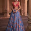 Slate Blue Floral Print and Highlighted Lehenga Set