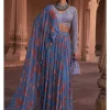 Slate Blue Floral Print And Highlighted Lehenga Sari Set