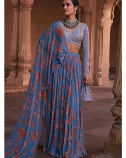 Slate Blue Floral Print And Highlighted Lehenga Sari Set