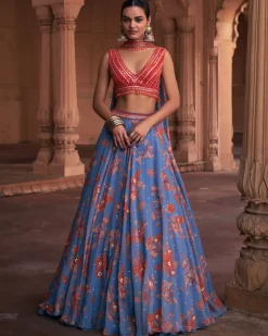 Slate Blue Floral Print and Highlighted Lehenga Set
