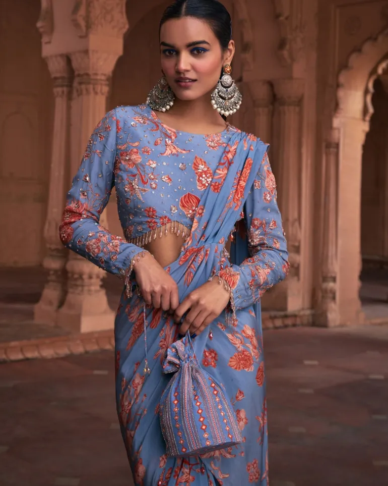 Slate Blue Floral Print and Highlighted Sari Set