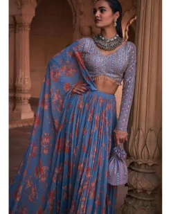 Slate Blue Floral Print And Highlighted Lehenga Sari Set