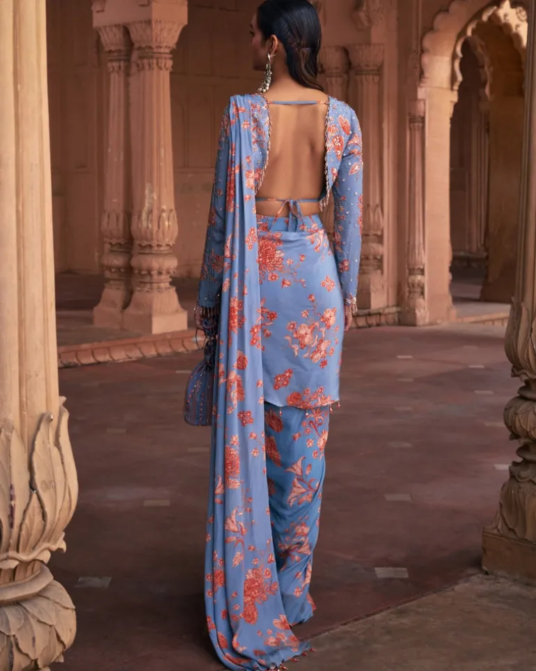 Slate Blue Floral Print and Highlighted Sari Set
