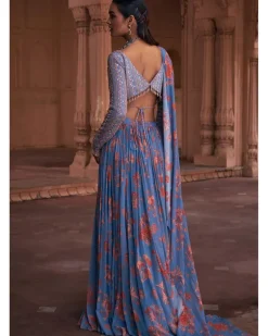 Slate Blue Floral Print And Highlighted Lehenga Sari Set