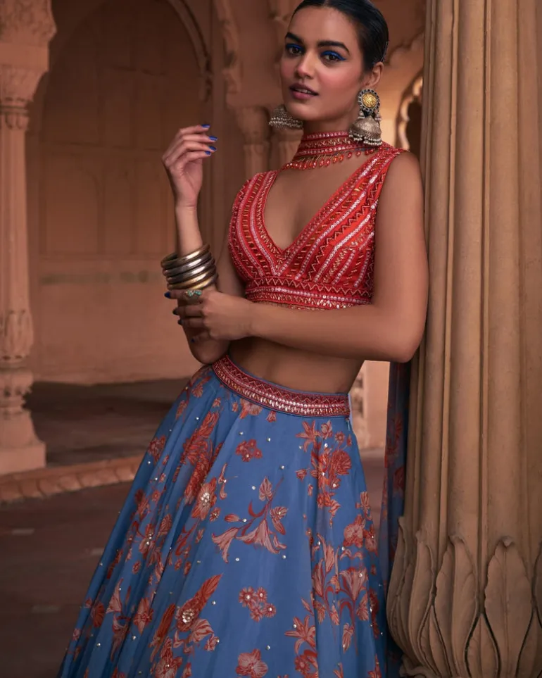 Slate Blue Floral Print and Highlighted Lehenga Set