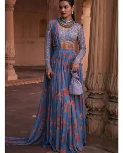 Slate Blue Floral Print And Highlighted Lehenga Sari Set