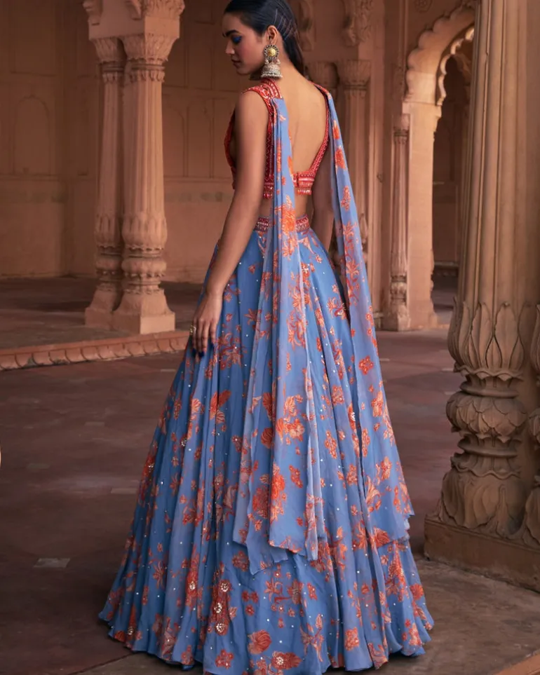 Slate Blue Floral Print and Highlighted Lehenga Set