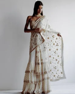 Solid Coconut Embroidered Ruffle Sari Set