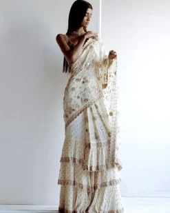 Solid Coconut Embroidered Ruffle Sari Set