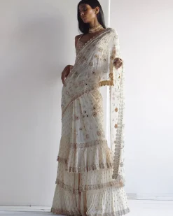 Solid Coconut Embroidered Ruffle Sari Set