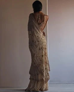 Solid Coconut Embroidered Ruffle Sari Set
