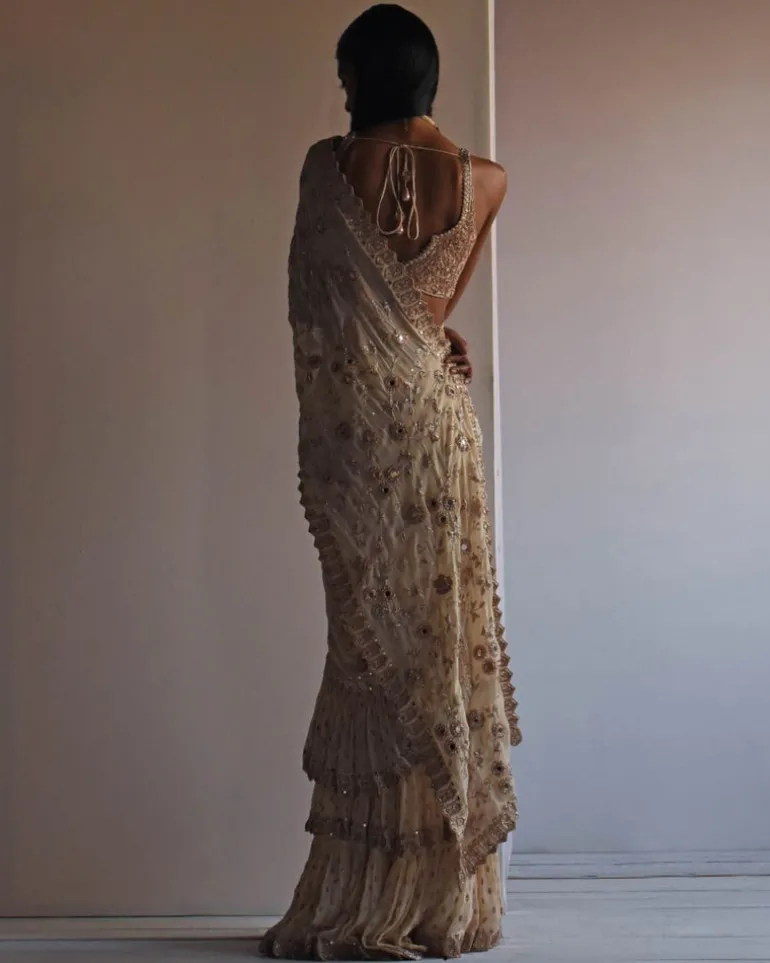 Solid Coconut Embroidered Ruffle Sari Set