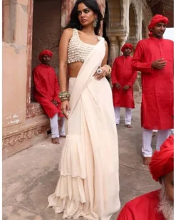 Solid Coconut Ruffle Sari Set