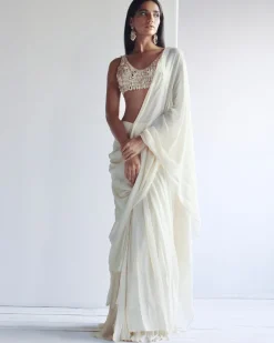 Solid Coconut Ruffle Sari Set