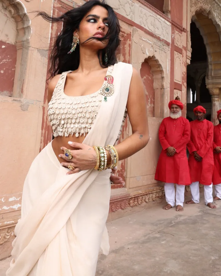 Solid Coconut Ruffle Sari Set