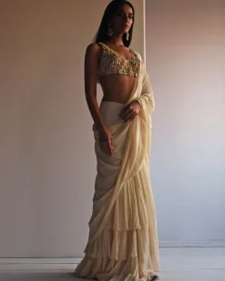 Solid Coconut Ruffle Sari Set