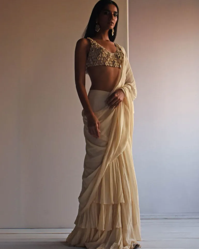 Solid Coconut Ruffle Sari Set