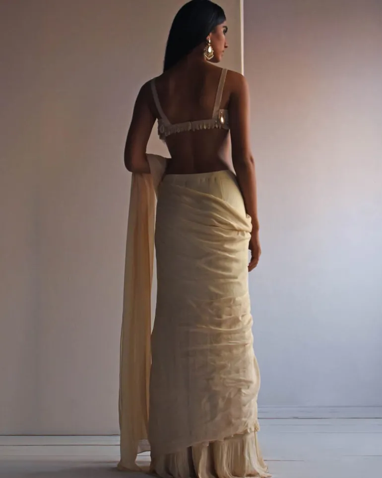 Solid Coconut Ruffle Sari Set