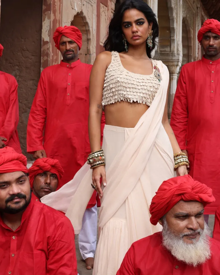 Solid Coconut Ruffle Sari Set