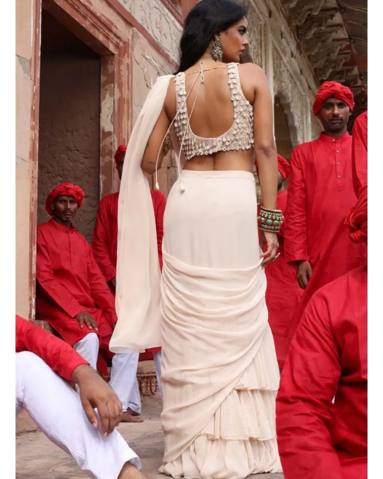 Solid Coconut Ruffle Sari Set