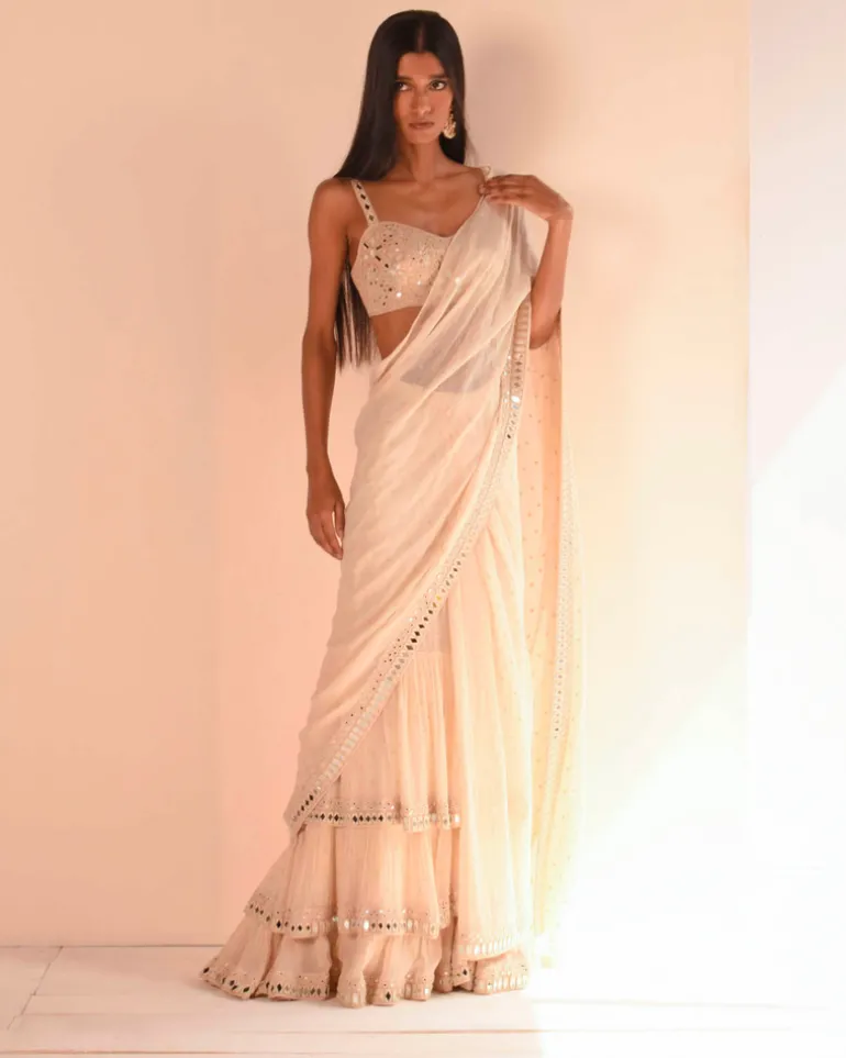Solid Coconut Ruffle Tiered Sari Set