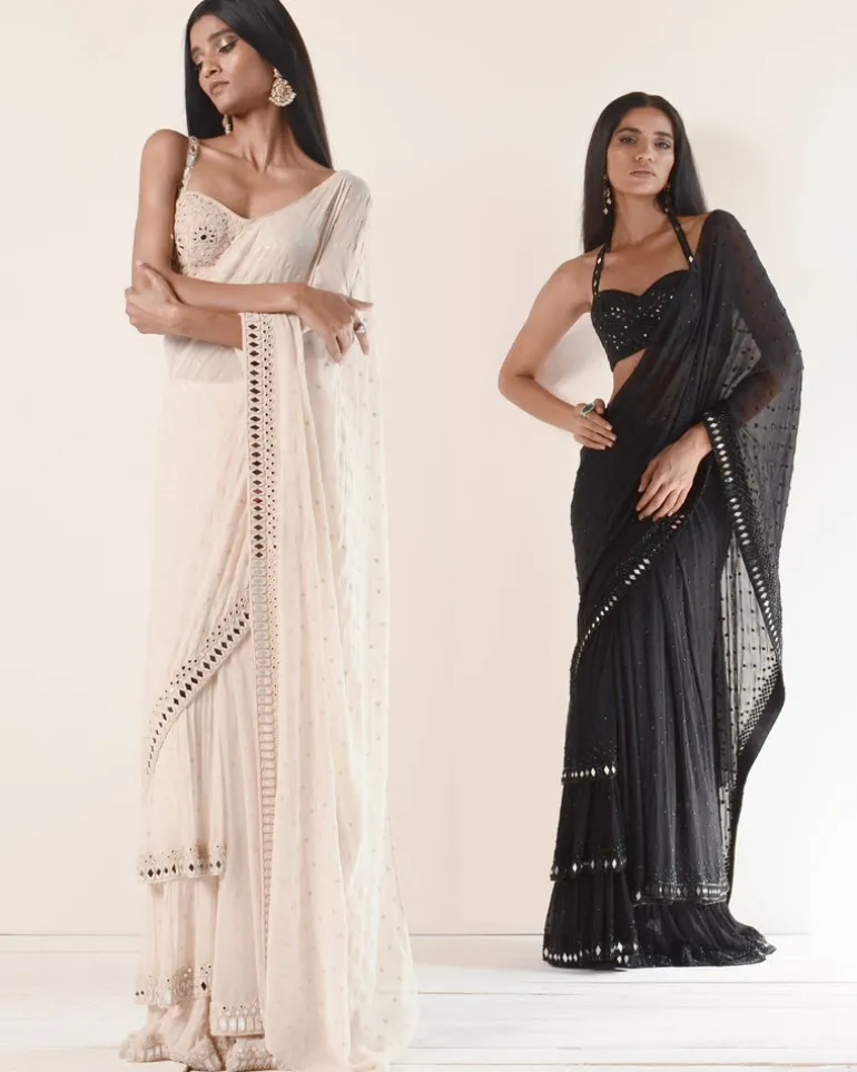 Solid Coconut Ruffle Tiered Sari Set