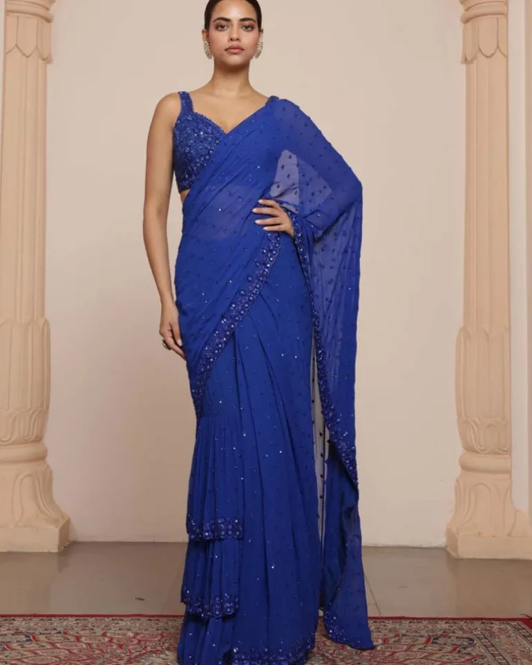 Solid Electric Blue Heavy Tiered Ruffle Sari Set