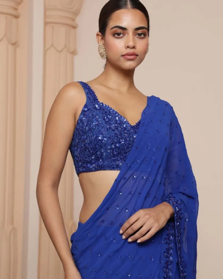 Solid Electric Blue Heavy Tiered Ruffle Sari Set