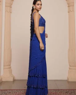 Solid Electric Blue Heavy Tiered Ruffle Sari Set