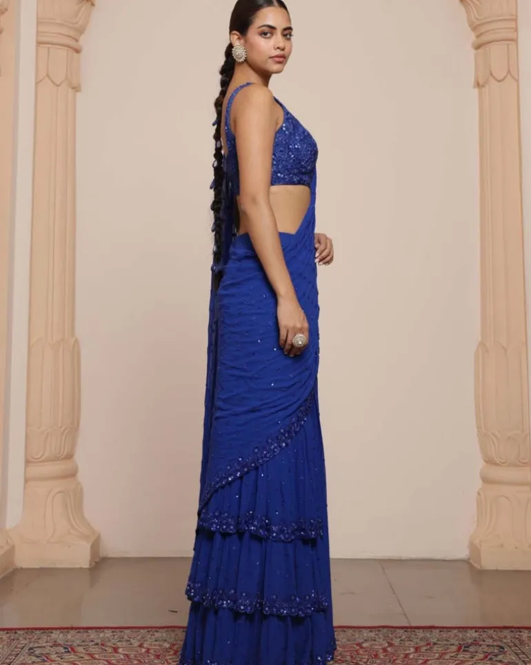 Solid Electric Blue Heavy Tiered Ruffle Sari Set